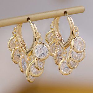 NEW 14K Gold Plated Round Diamond Drop Huggie Hoop Earrings